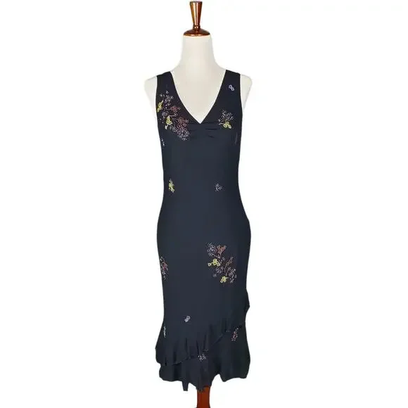 Y2k Sue Wong Silk Fairycore Beaded Bias Cut Midi Dress Vintage - Size 6